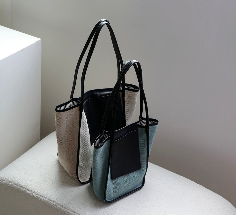Full-grain leather and Natural cotton-linen fabric Bag