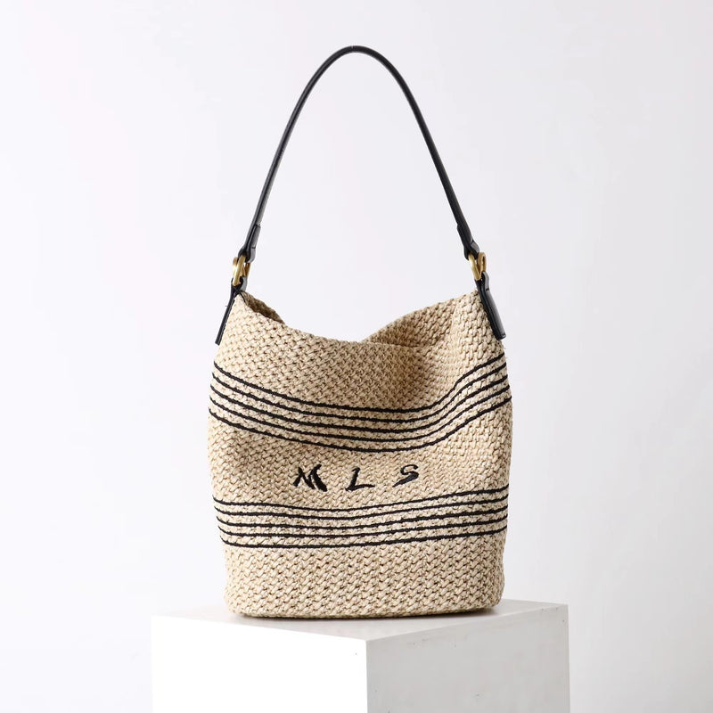 PP grass and Top-grain leather Bag | Sunshine