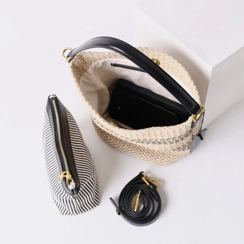 PP grass and Top-grain leather Bag | Sunshine