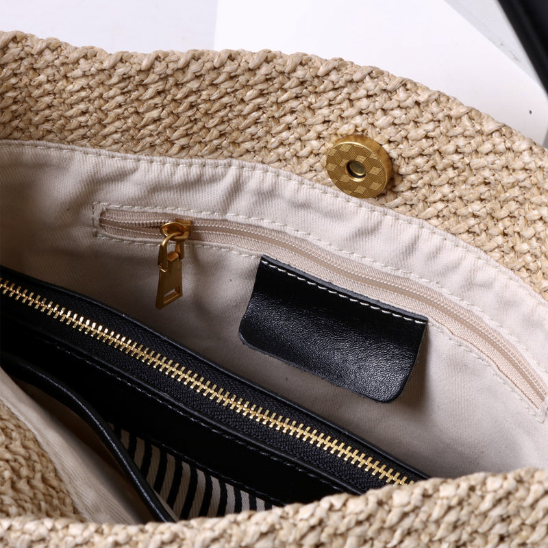 PP grass and Top-grain leather Bag | Sunshine