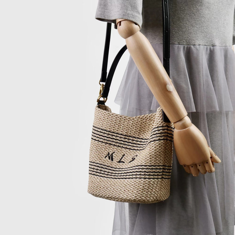 PP grass and Top-grain leather Bag | Sunshine