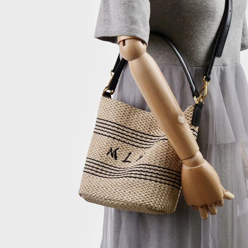 PP grass and Top-grain leather Bag | Sunshine