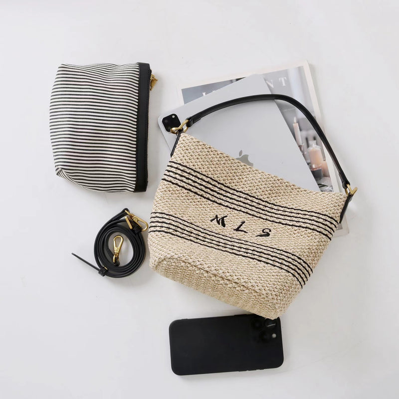 PP grass and Top-grain leather Bag | Sunshine