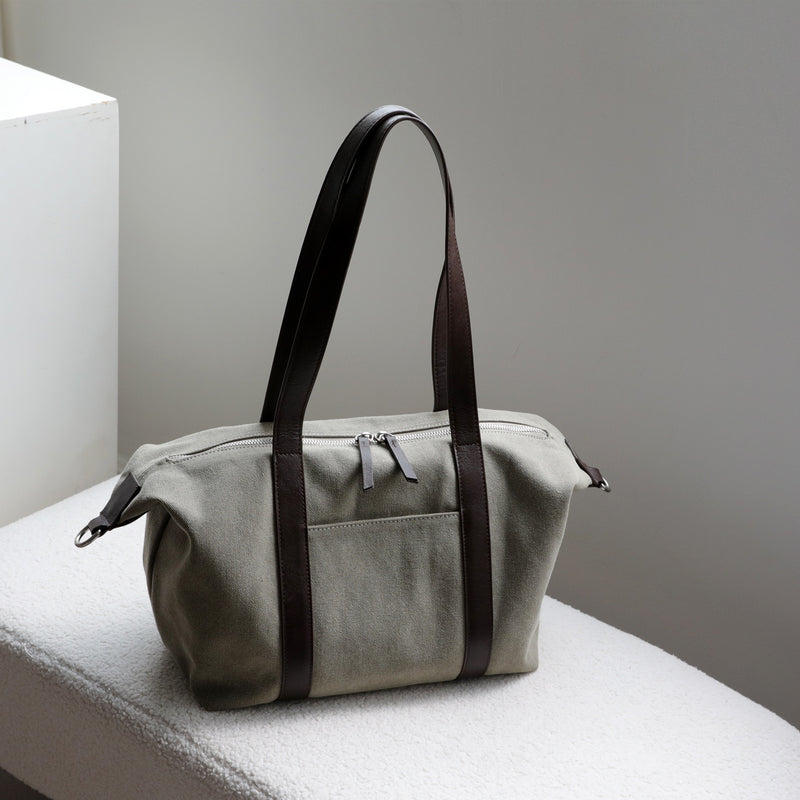 Vegetable-Tanned Cowhide and Canvas Tote Bag ｜Olive