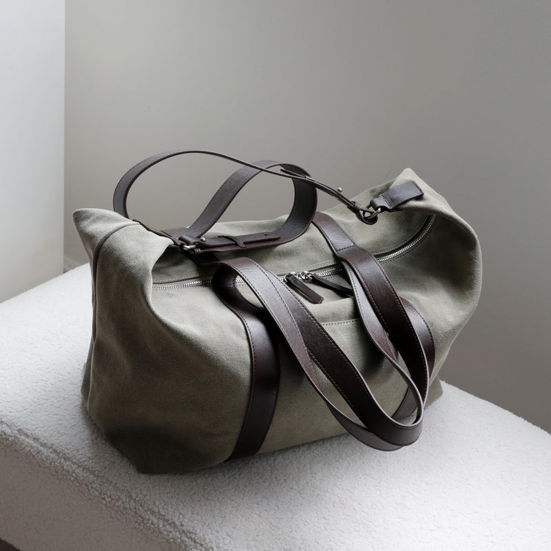 Vegetable-Tanned Cowhide and Canvas Tote Bag ｜Olive