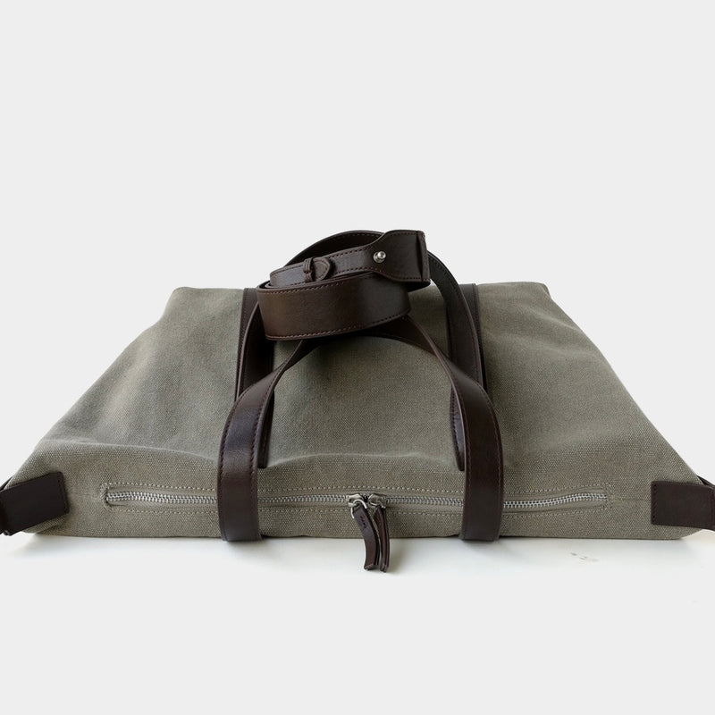 Vegetable-Tanned Cowhide and Canvas Tote Bag ｜Olive